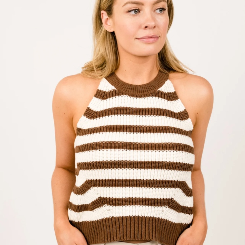 Able Brown and Cream Striped Knit Halter Tank Top